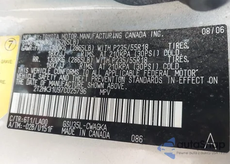 2007 Lexus Rx 350 z USA, uszkodzony, nr VIN 2T2HK31U97C025796